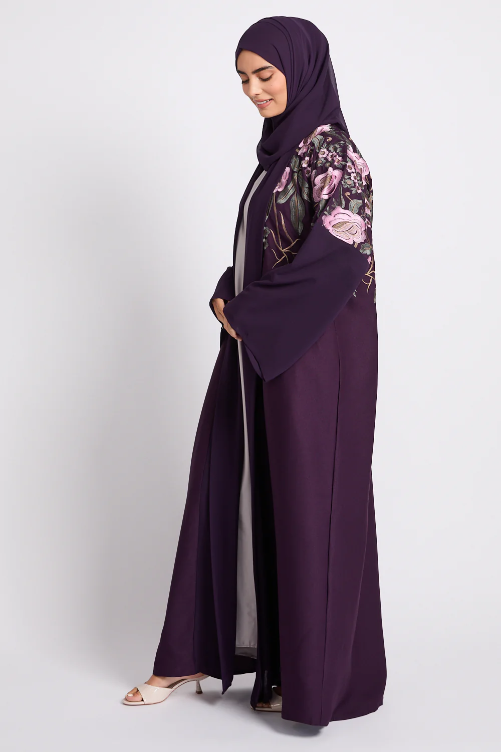 Premium Deep Plum Blooming Embroidered Open Abaya - Image 8