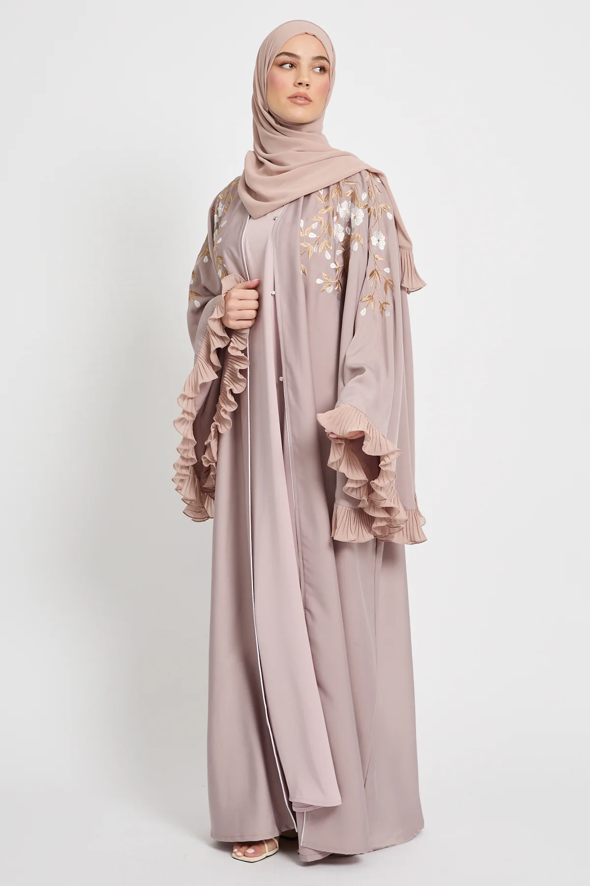 Premium Desert Blush Empress Floral Embroidered Open Abaya - Image 10