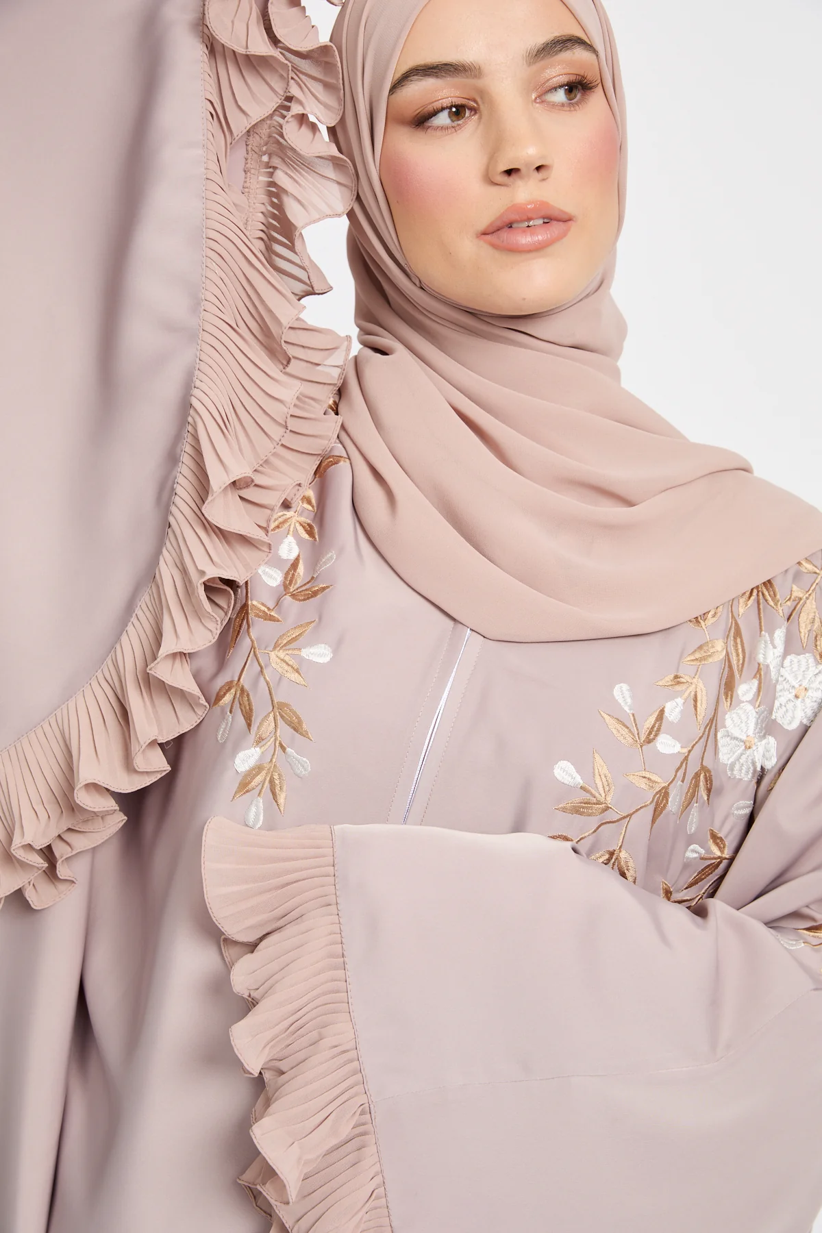 Premium Desert Blush Empress Floral Embroidered Open Abaya - Image 2