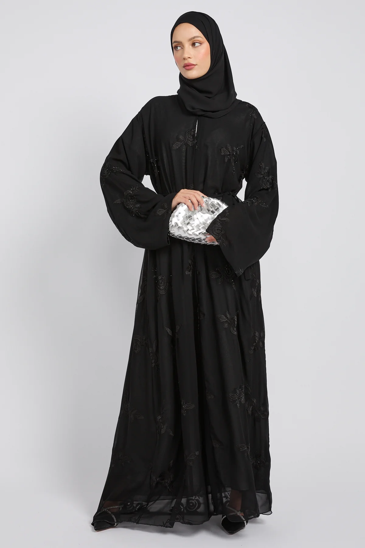 Premium Double Layered Floral Embroidered Chiffon Open Abaya – Black