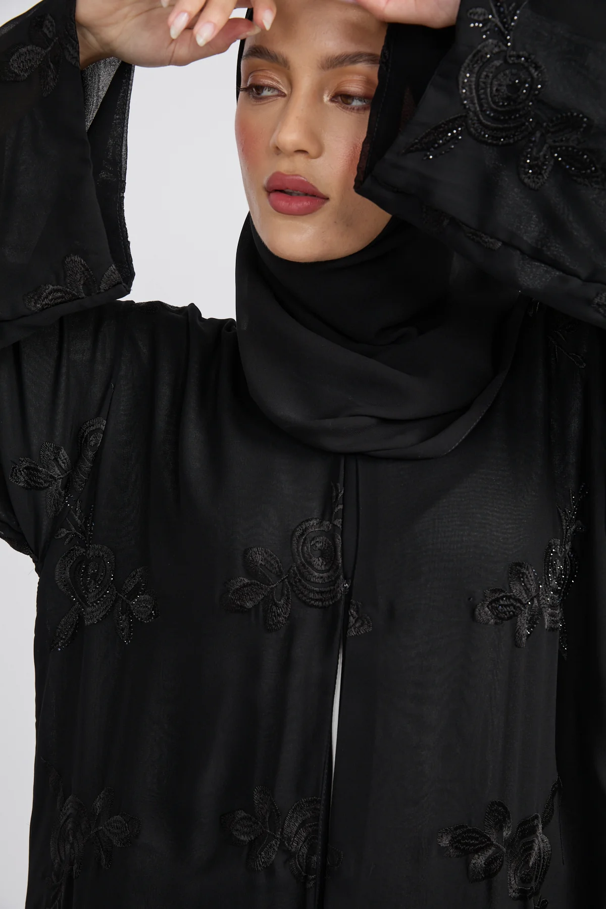 Premium Double Layered Floral Embroidered Chiffon Open Abaya – Black - Image 2