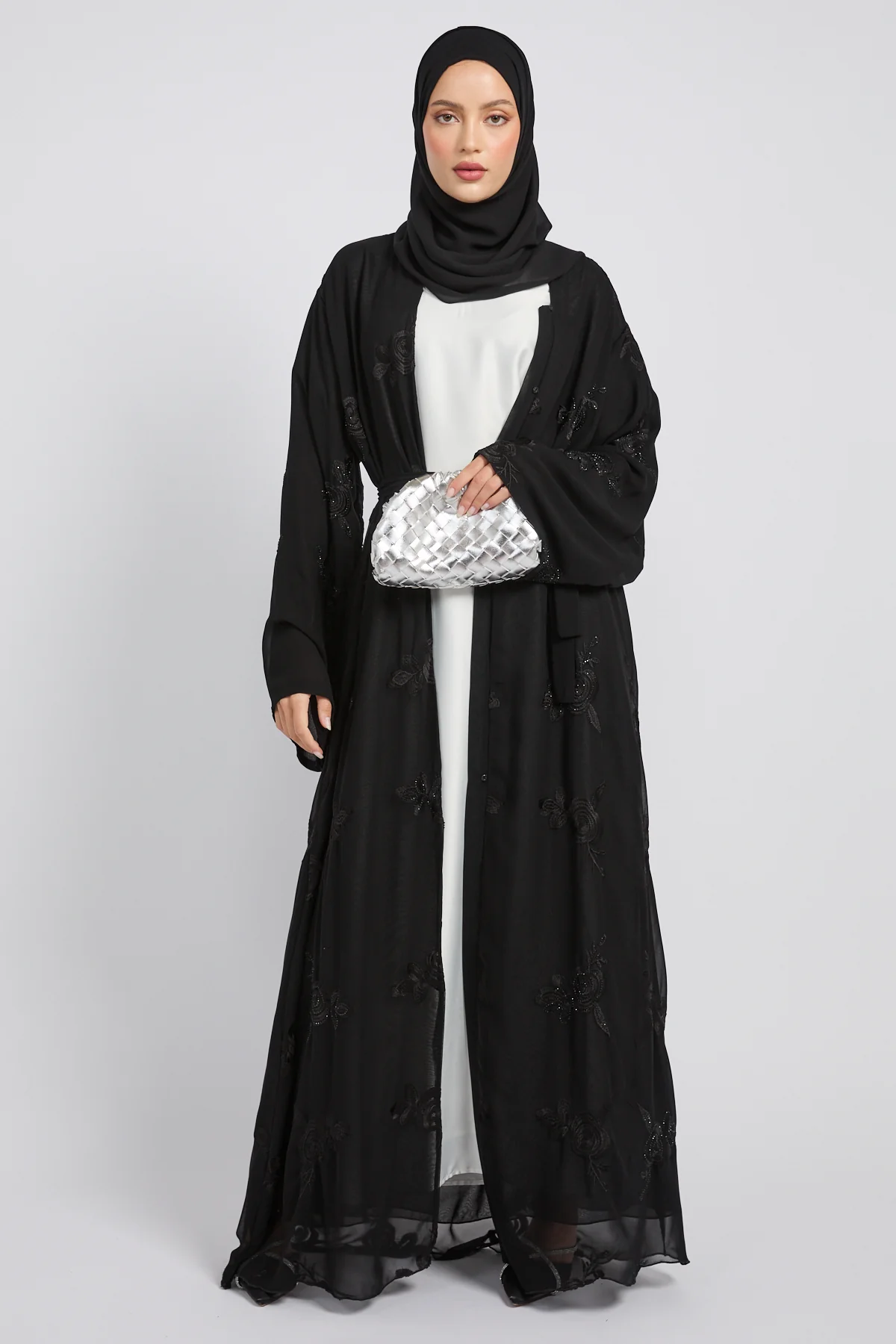 Premium Double Layered Floral Embroidered Chiffon Open Abaya – Black - Image 3
