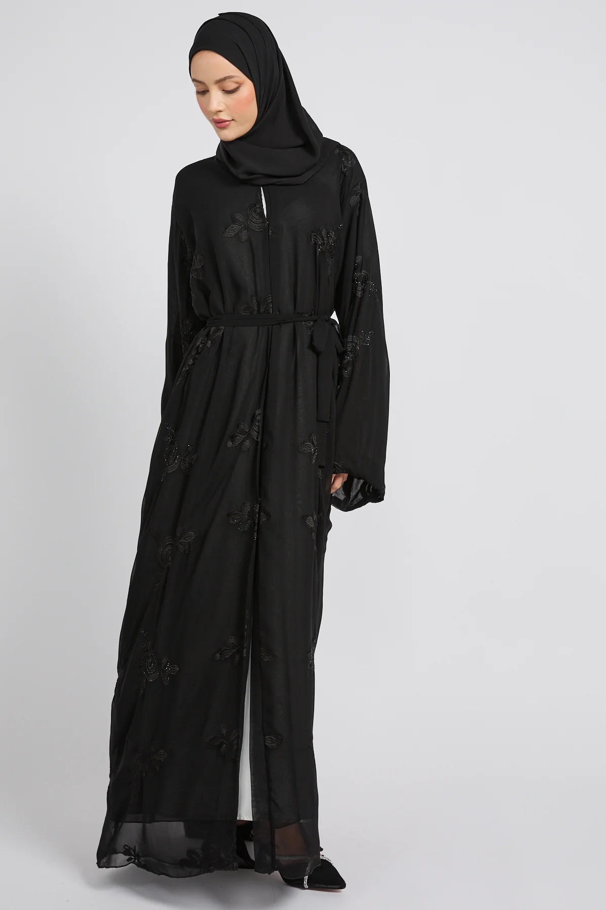 Premium Double Layered Floral Embroidered Chiffon Open Abaya – Black - Image 4