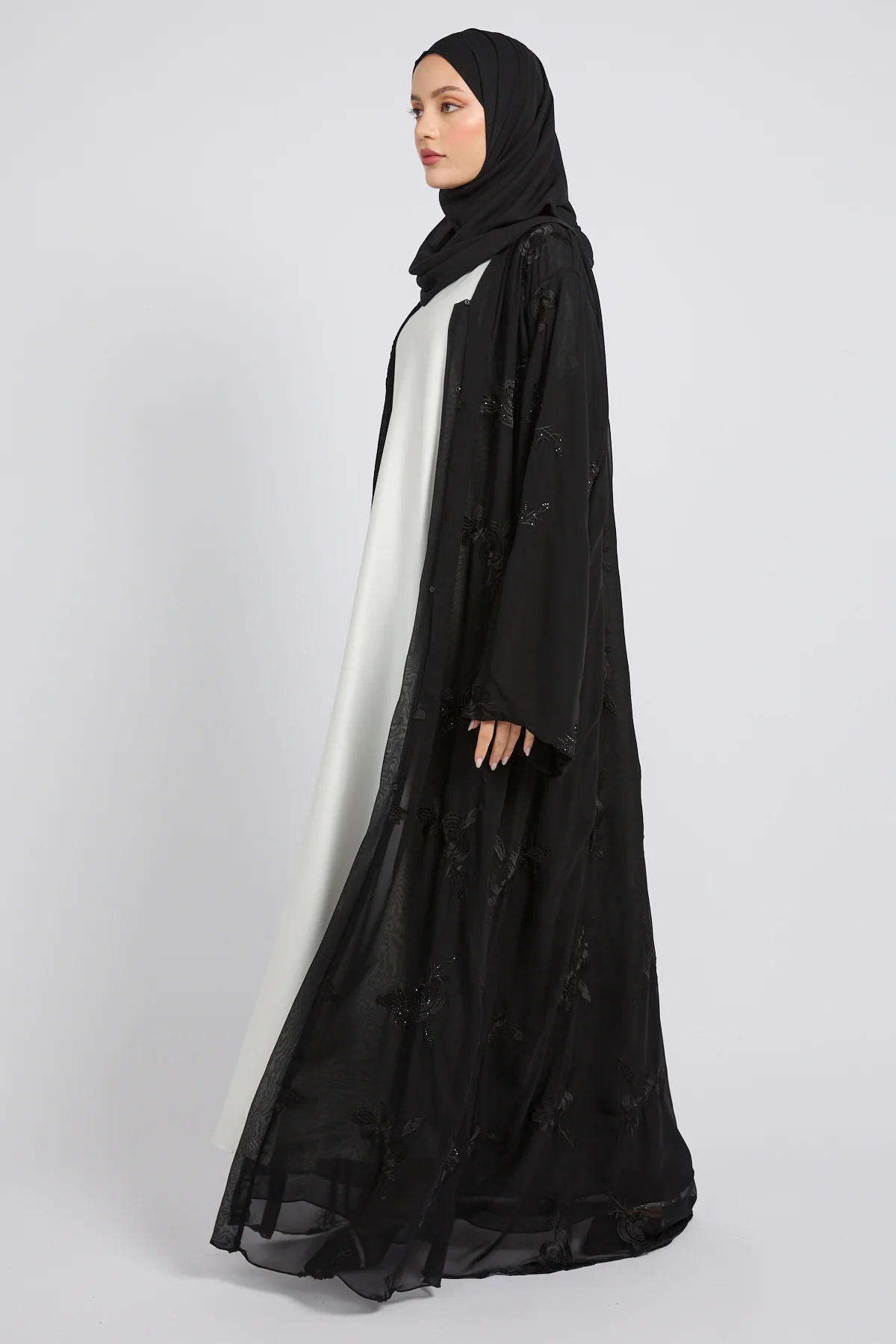 Premium Double Layered Floral Embroidered Chiffon Open Abaya – Black - Image 5