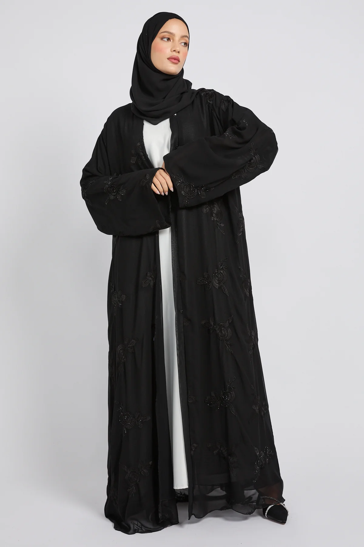 Premium Double Layered Floral Embroidered Chiffon Open Abaya – Black - Image 6