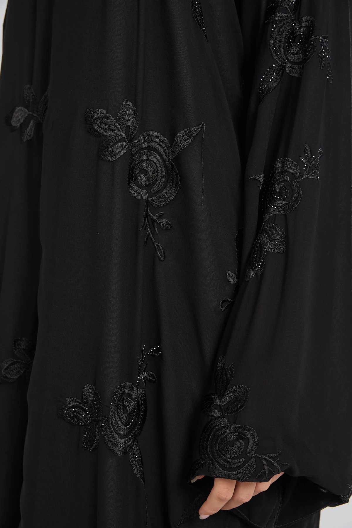 Premium Double Layered Floral Embroidered Chiffon Open Abaya – Black - Image 7