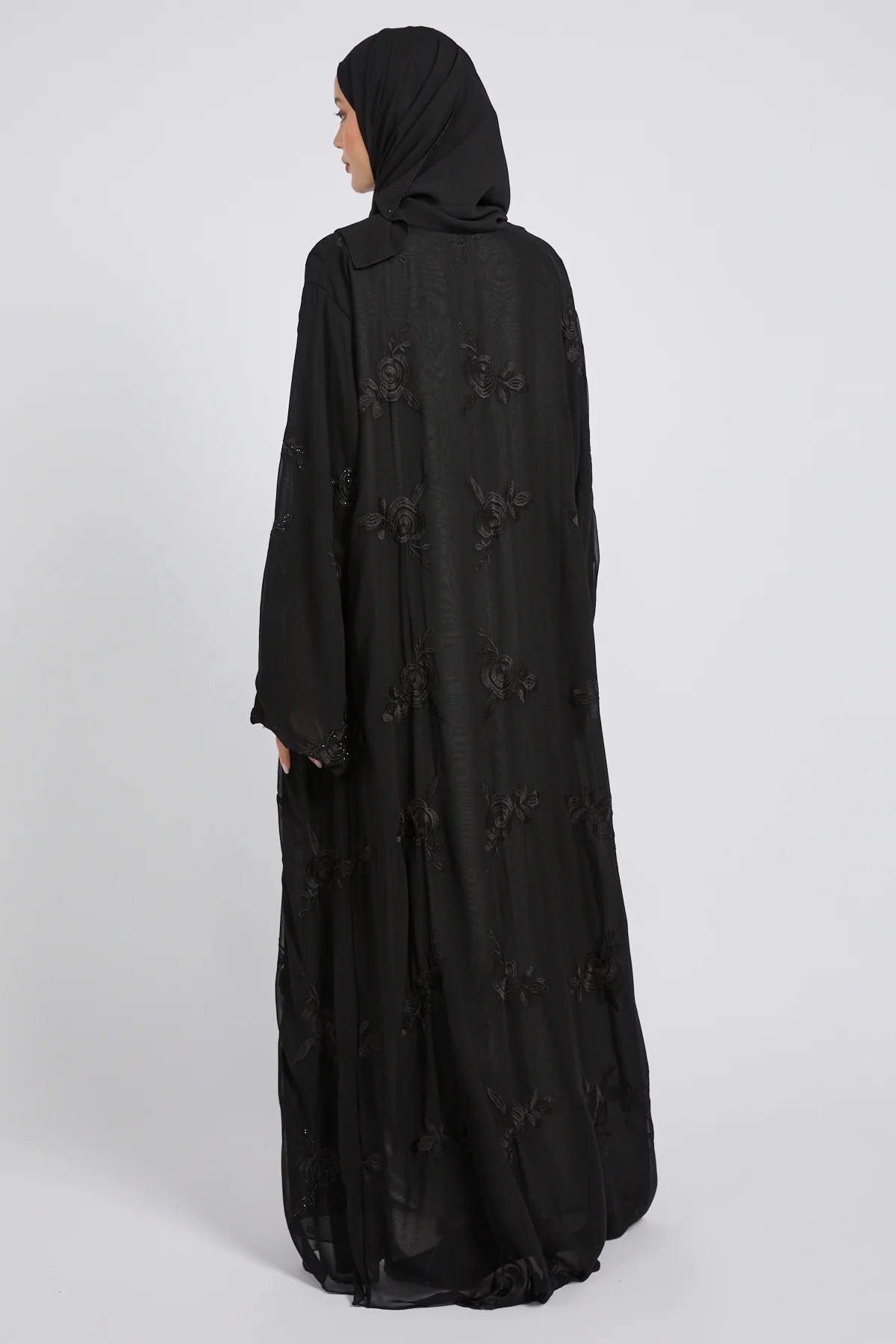 Premium Double Layered Floral Embroidered Chiffon Open Abaya – Black - Image 8