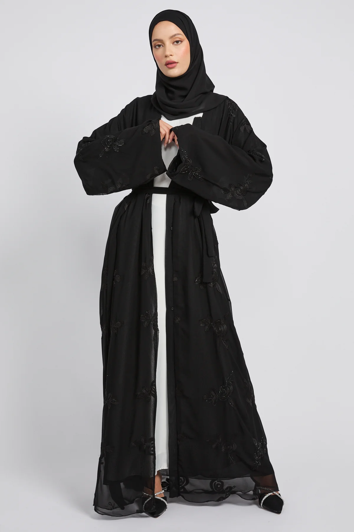 Premium Double Layered Floral Embroidered Chiffon Open Abaya – Black - Image 9