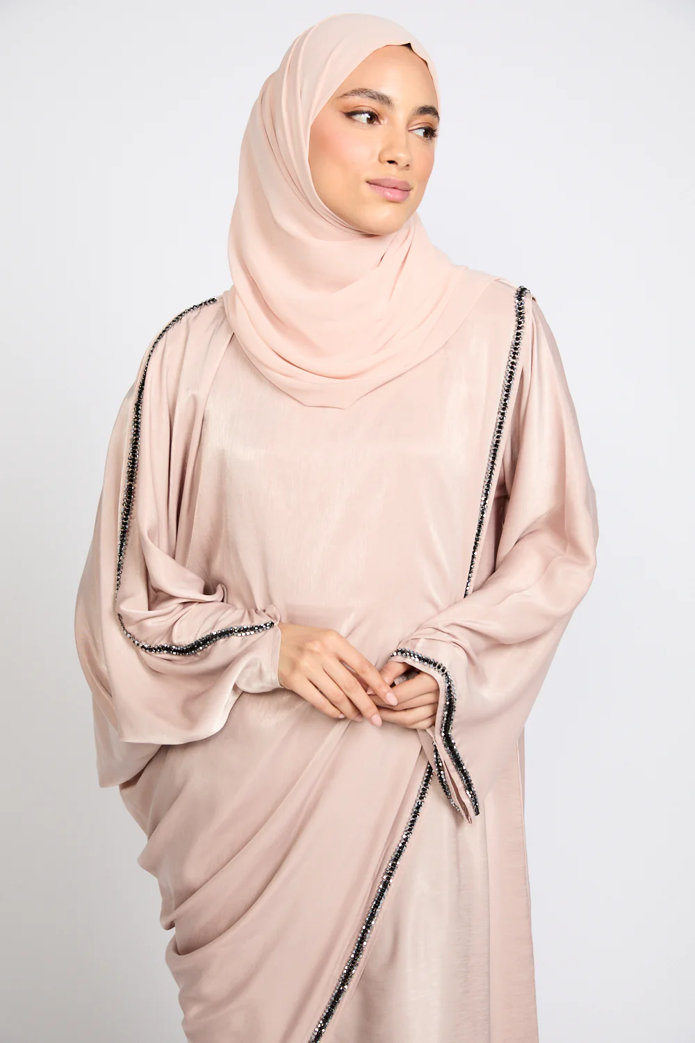 Premium Draped Embellished Closed Abaya - Rose Dune - Image 2