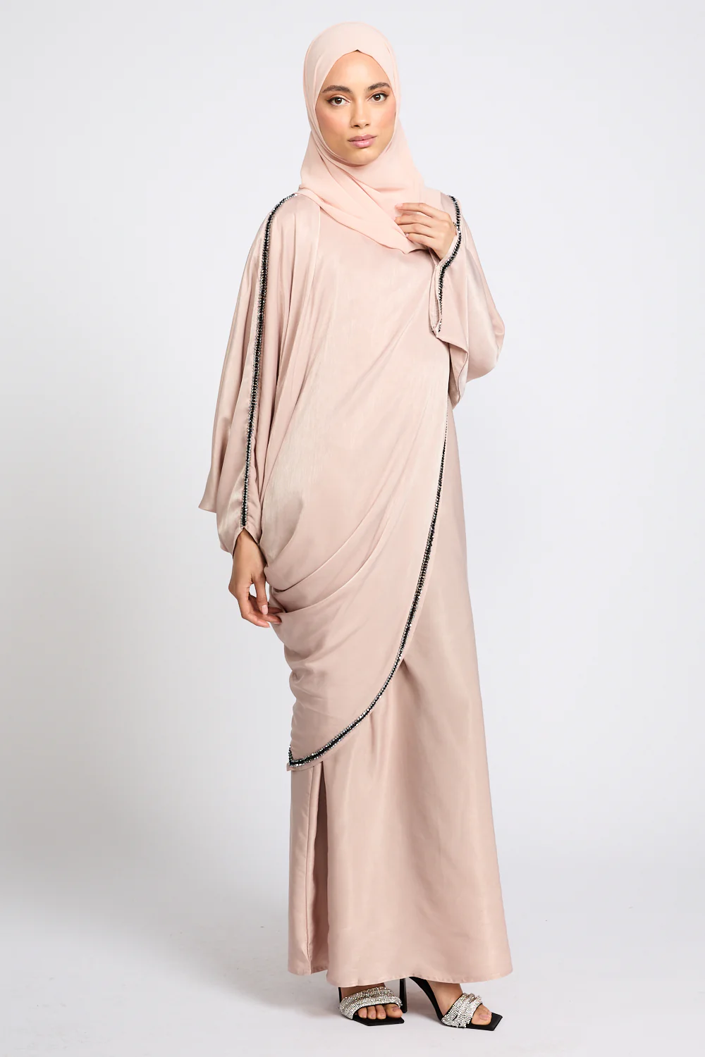 Premium Draped Embellished Closed Abaya - Rose Dune - Image 5