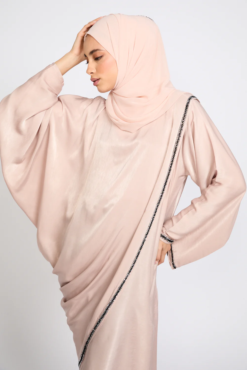Premium Draped Embellished Closed Abaya - Rose Dune - Image 9