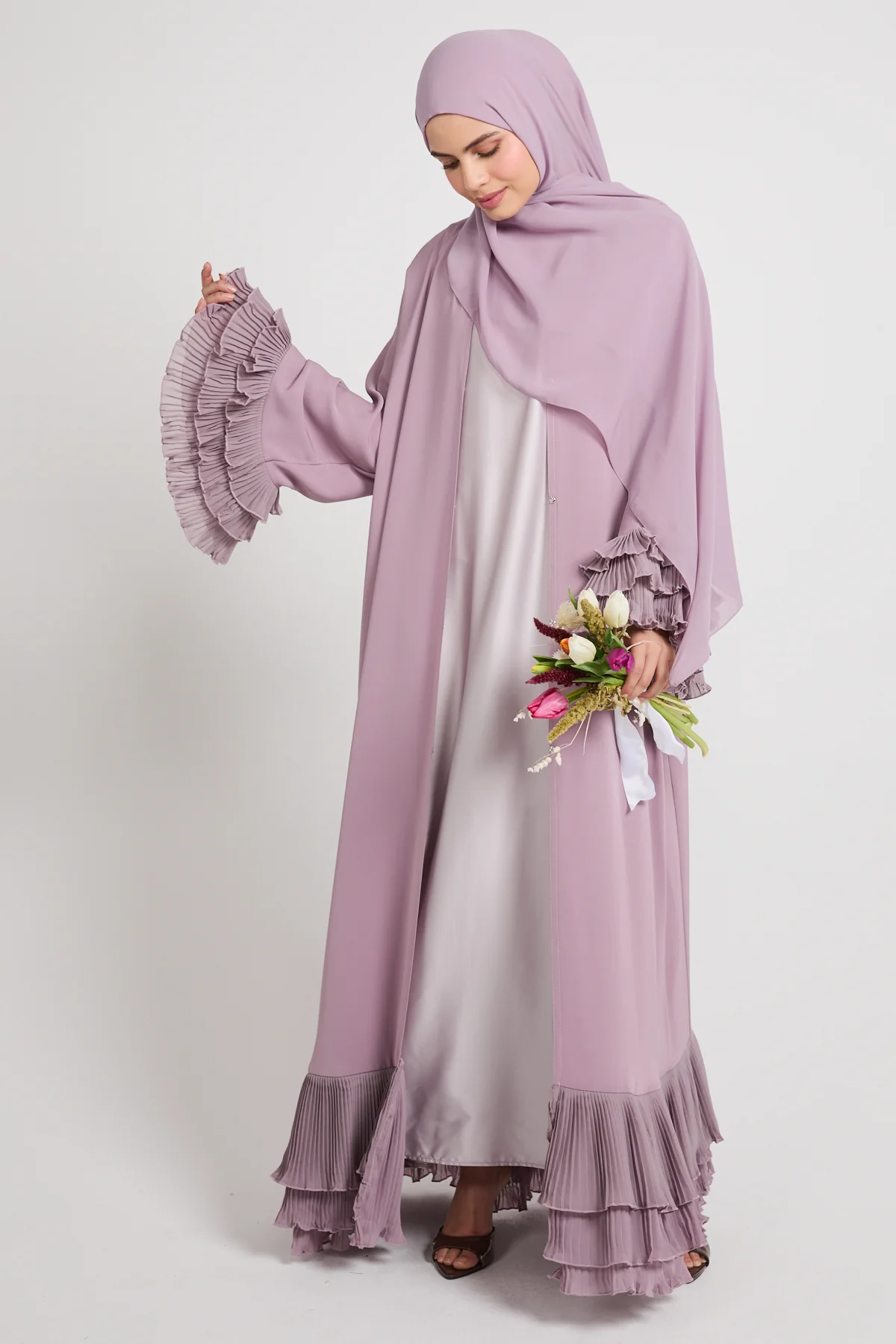 Premium Duchess Ruffle Open Abaya - Lilac Mist