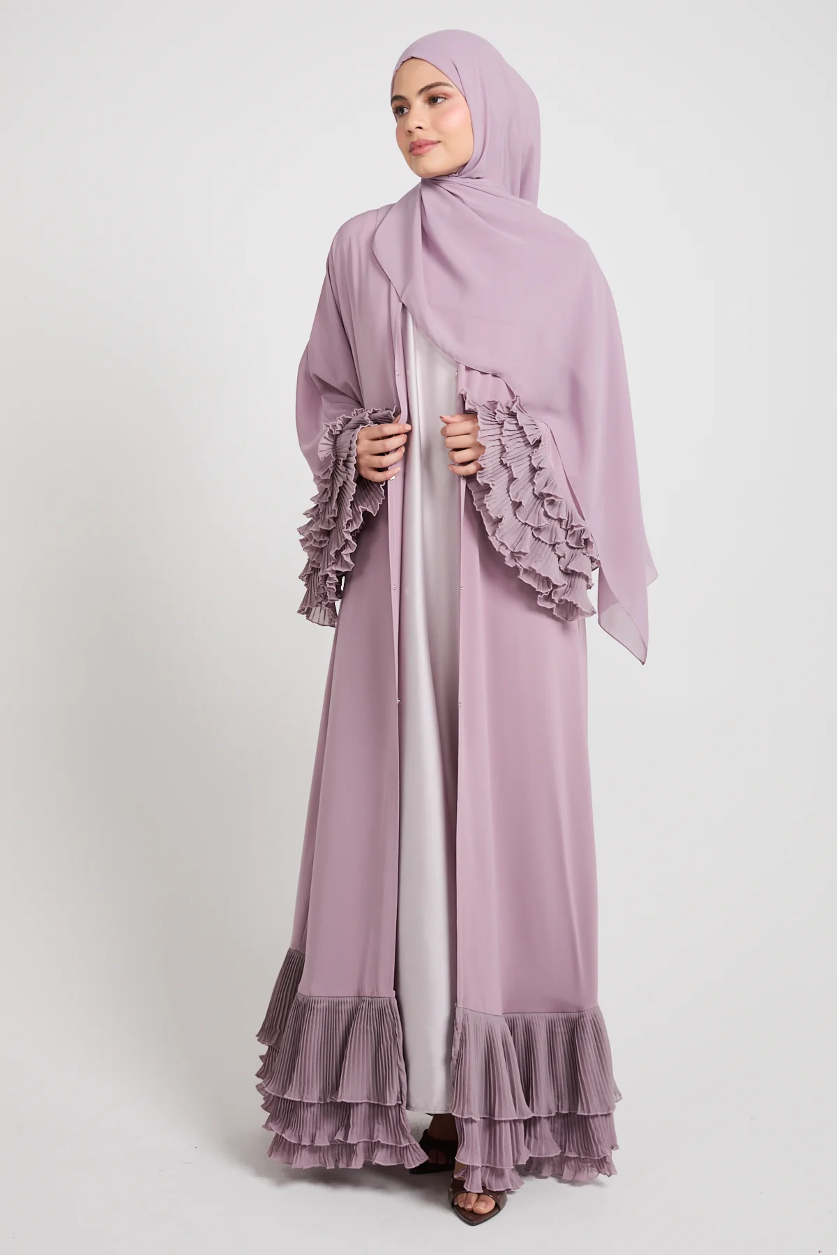 Premium Duchess Ruffle Open Abaya - Lilac Mist - Image 10