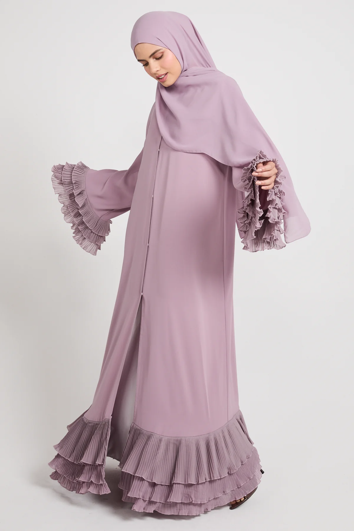 Premium Duchess Ruffle Open Abaya - Lilac Mist - Image 3