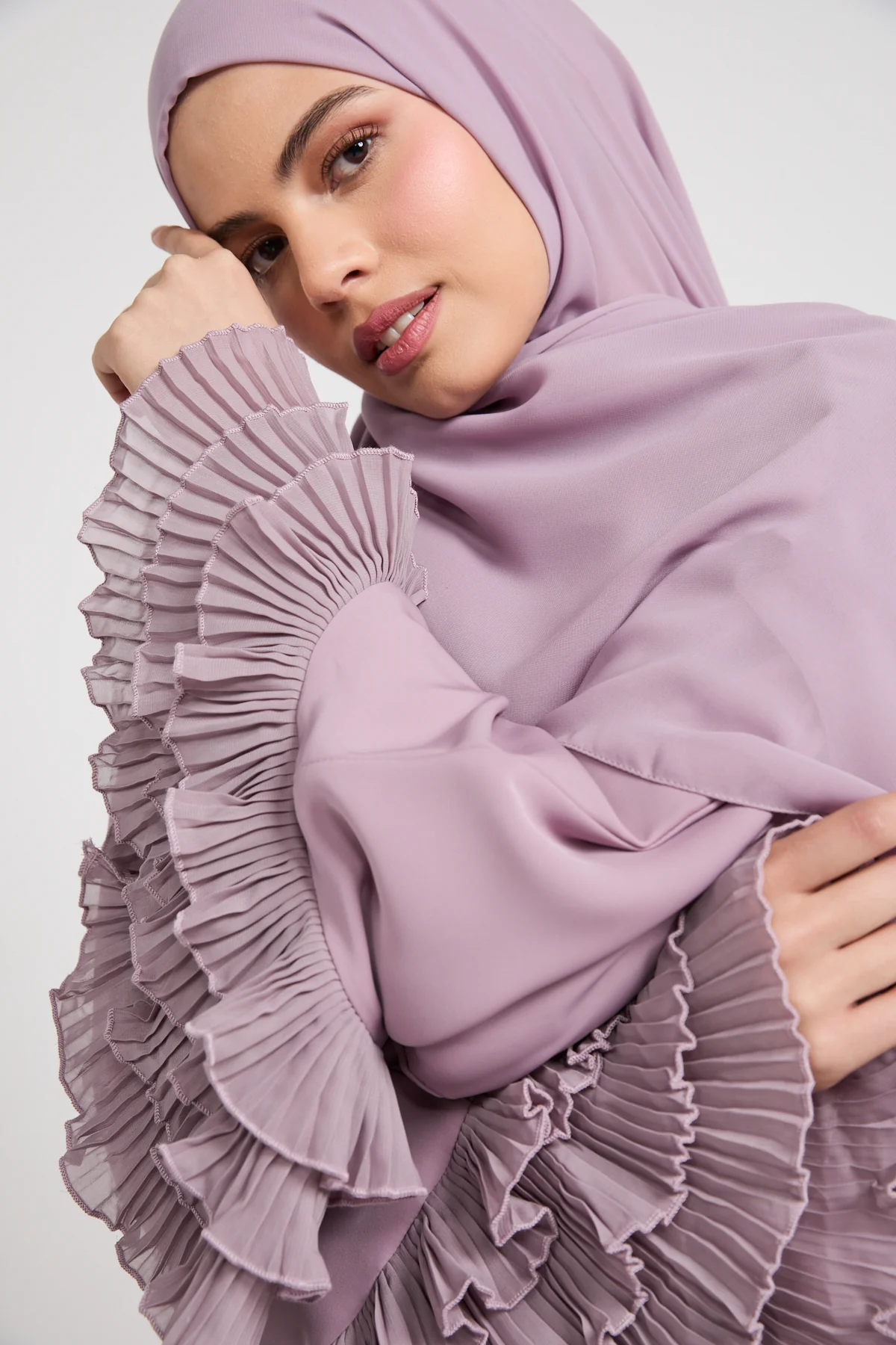 Premium Duchess Ruffle Open Abaya - Lilac Mist - Image 4