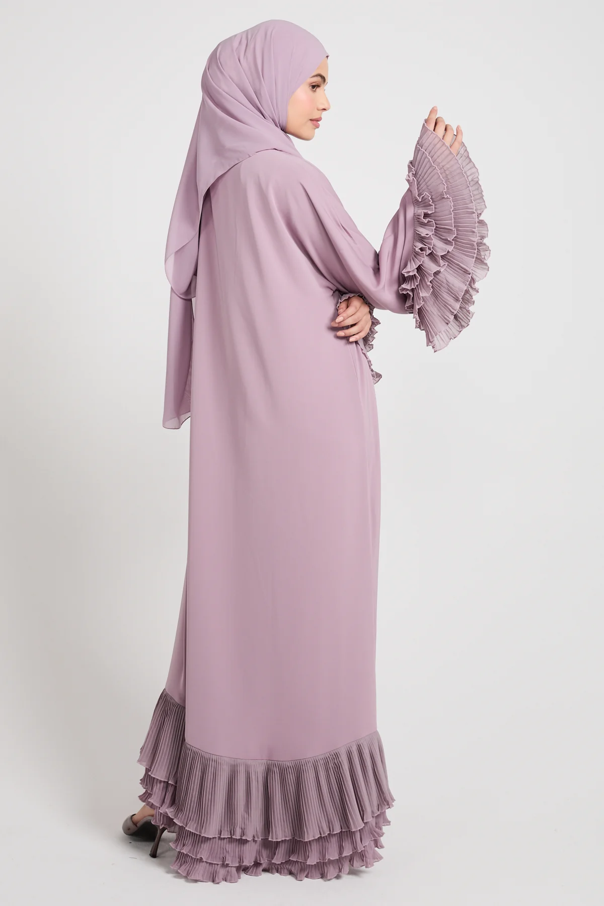 Premium Duchess Ruffle Open Abaya - Lilac Mist - Image 5