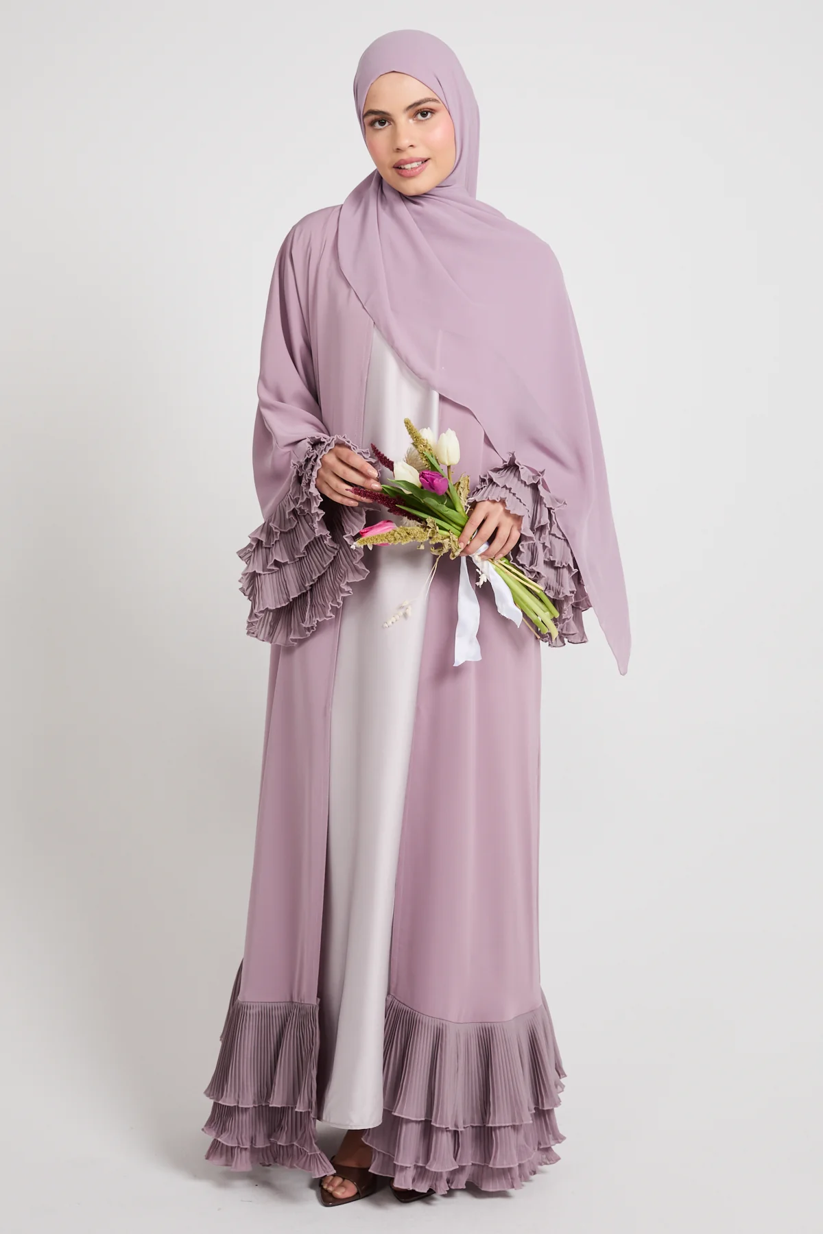 Premium Duchess Ruffle Open Abaya - Lilac Mist - Image 6
