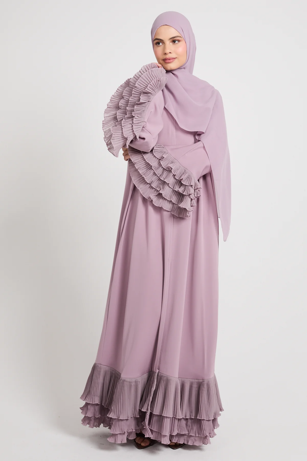 Premium Duchess Ruffle Open Abaya - Lilac Mist - Image 8
