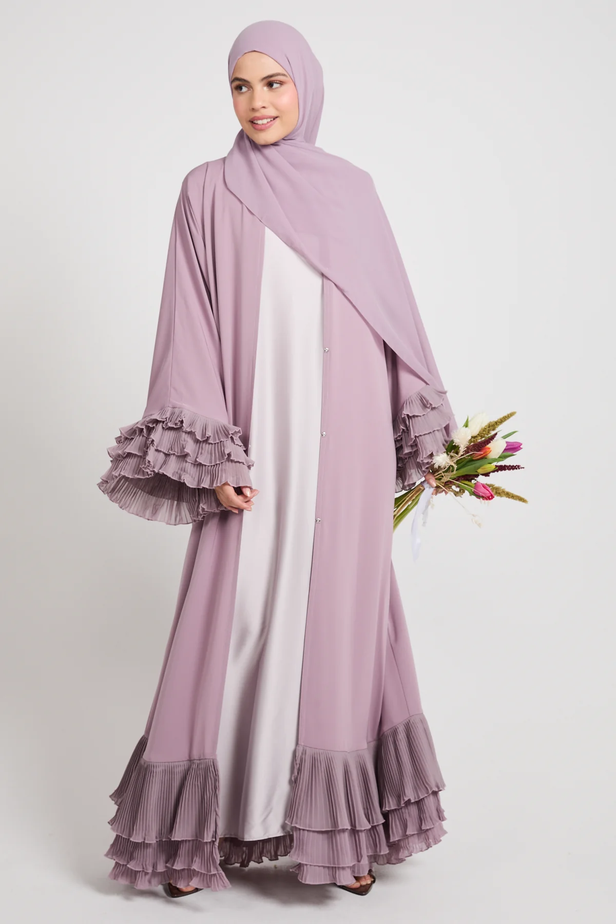 Premium Duchess Ruffle Open Abaya - Lilac Mist - Image 9