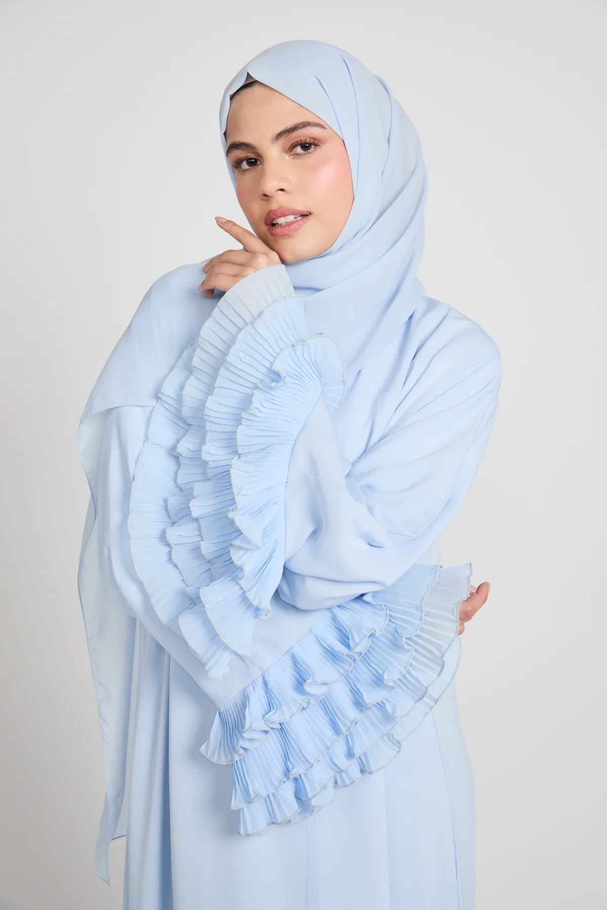 Premium Duchess Ruffle Open Abaya - Powder Blue - Image 2