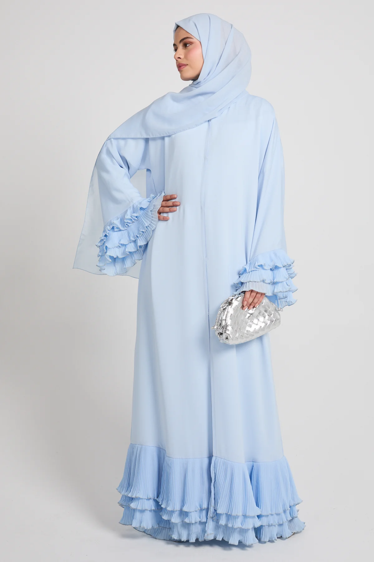 Premium Duchess Ruffle Open Abaya - Powder Blue - Image 3