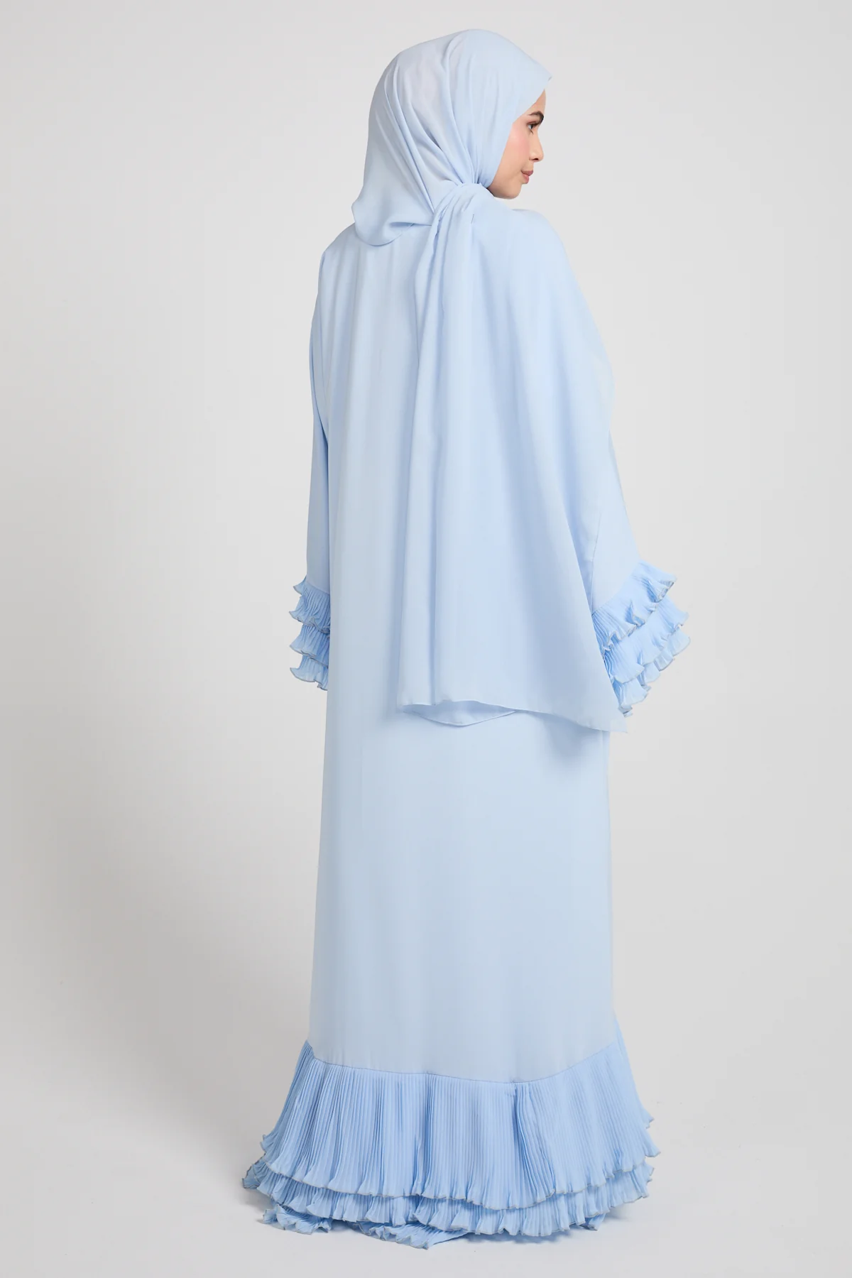 Premium Duchess Ruffle Open Abaya - Powder Blue - Image 4