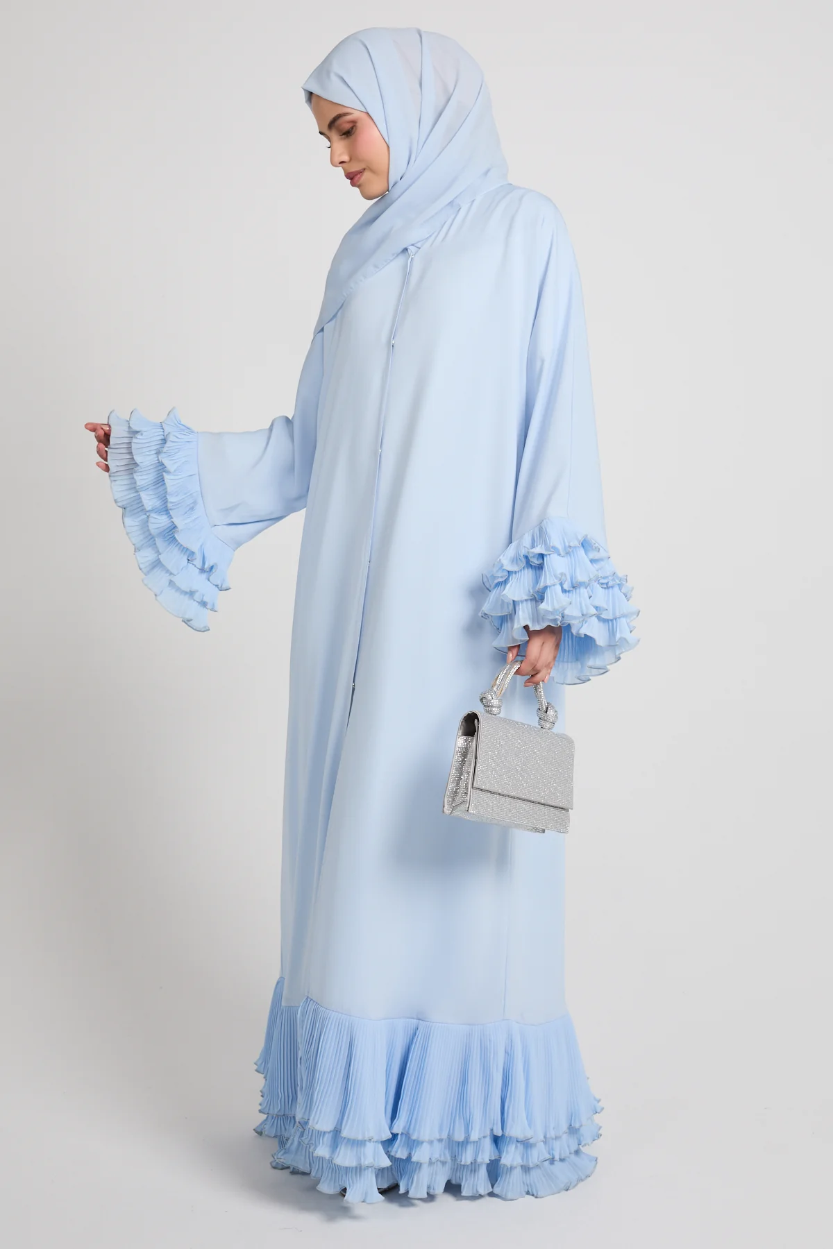 Premium Duchess Ruffle Open Abaya - Powder Blue - Image 6