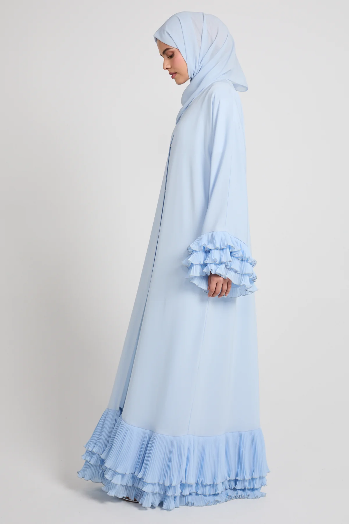 Premium Duchess Ruffle Open Abaya - Powder Blue - Image 7