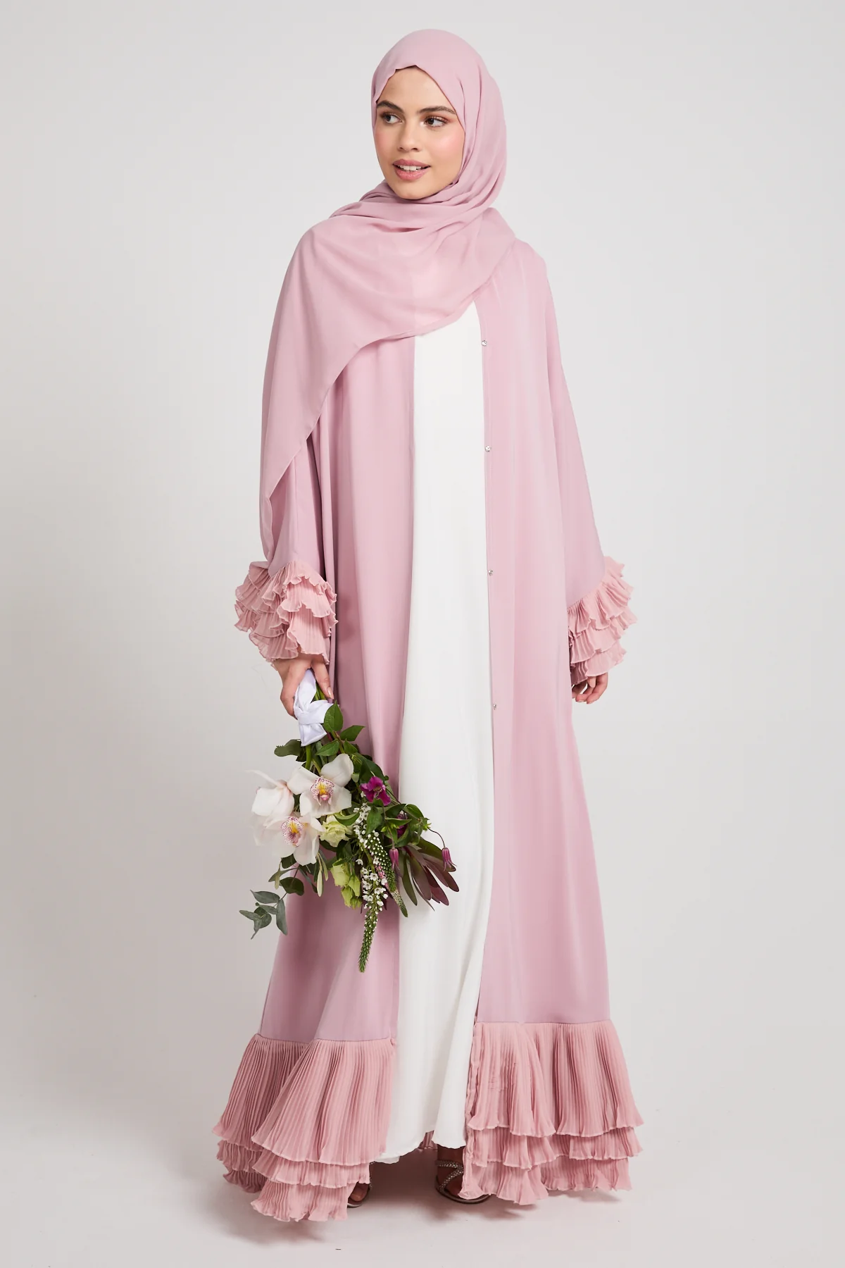 Premium Duchess Ruffle Open Abaya - Rose Blush