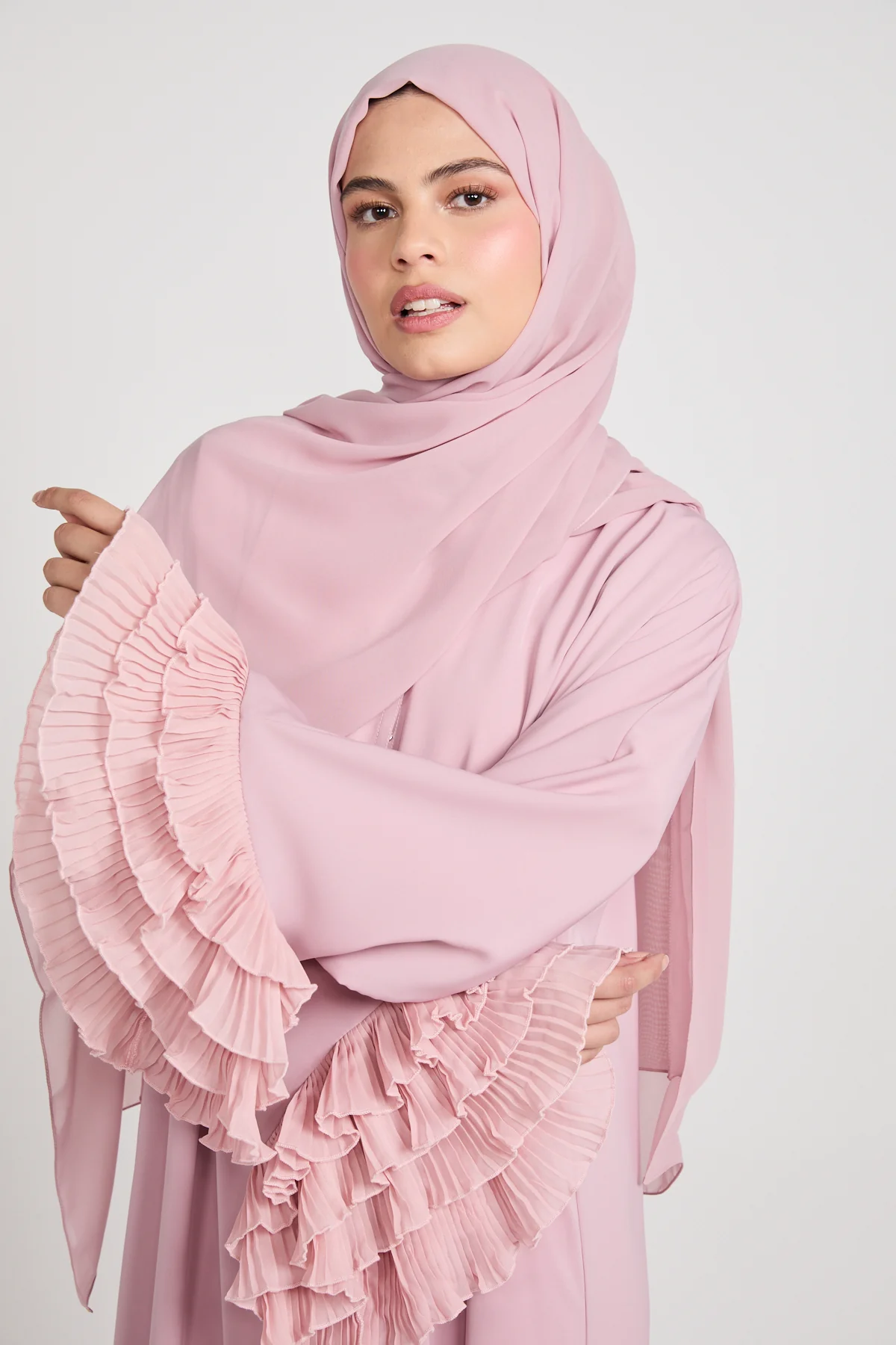 Premium Duchess Ruffle Open Abaya - Rose Blush - Image 2
