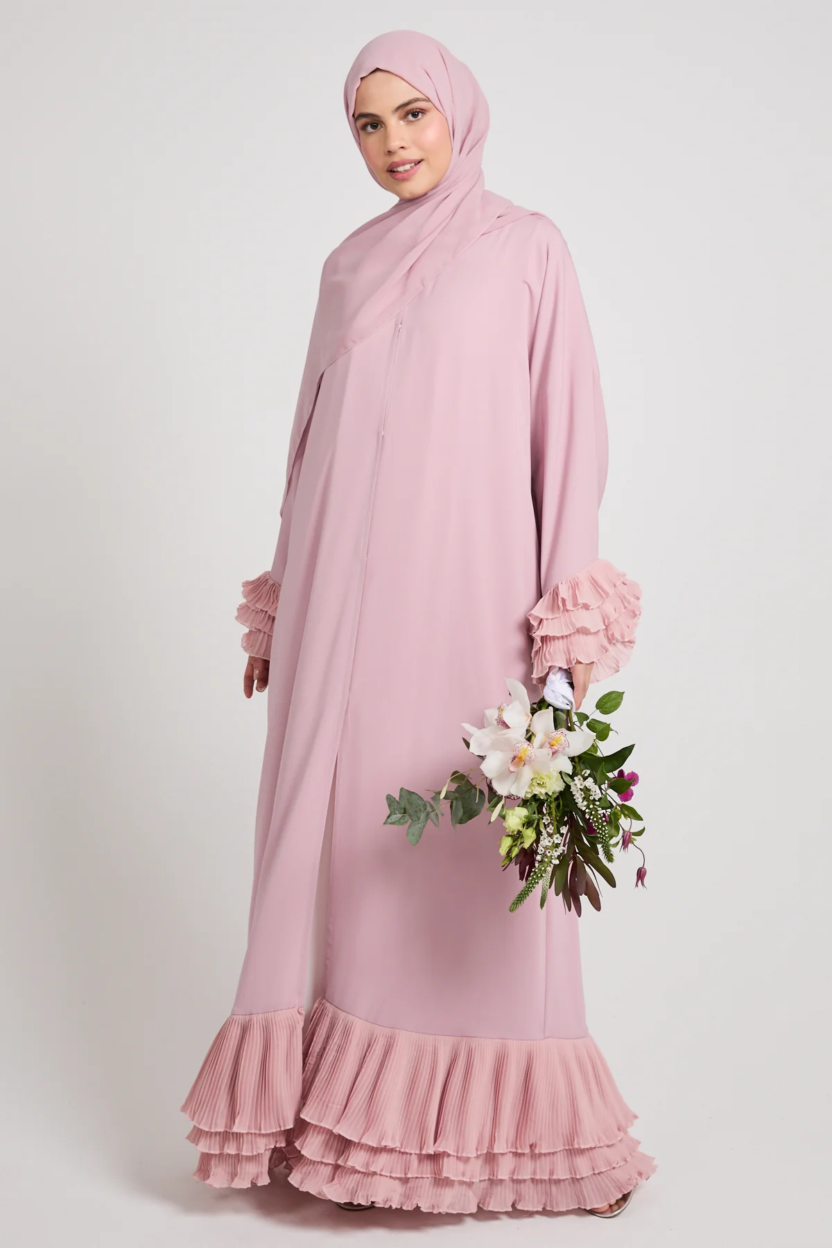 Premium Duchess Ruffle Open Abaya - Rose Blush - Image 3