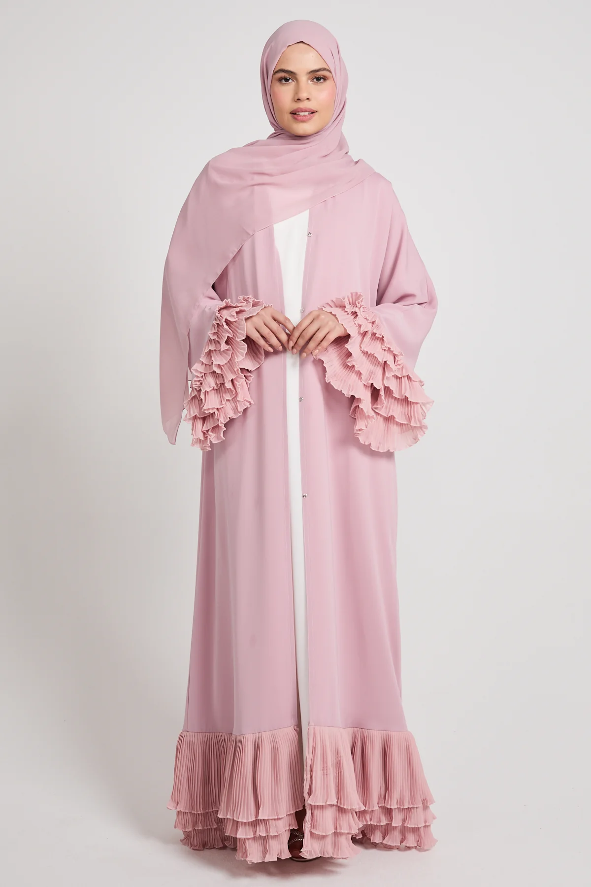 Premium Duchess Ruffle Open Abaya - Rose Blush - Image 5