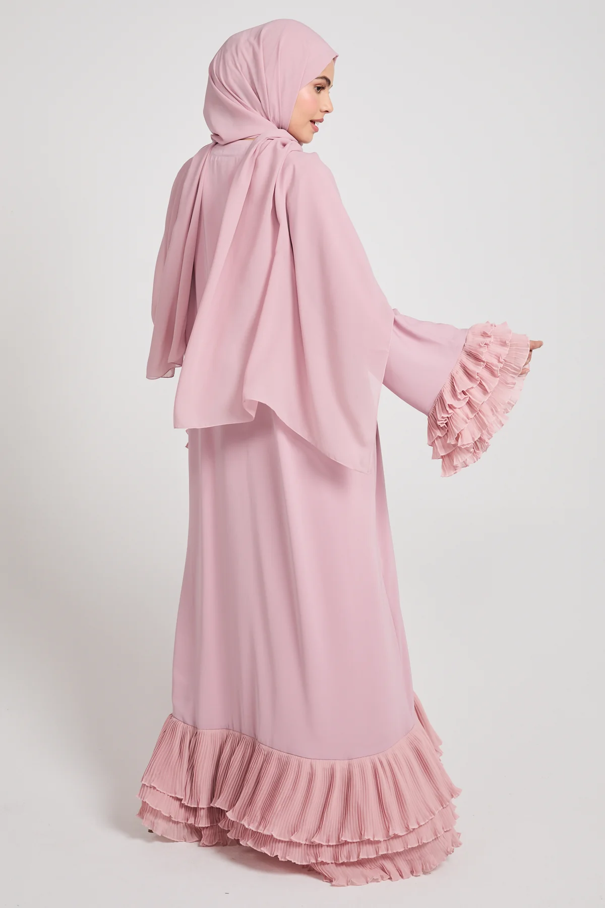 Premium Duchess Ruffle Open Abaya - Rose Blush - Image 6