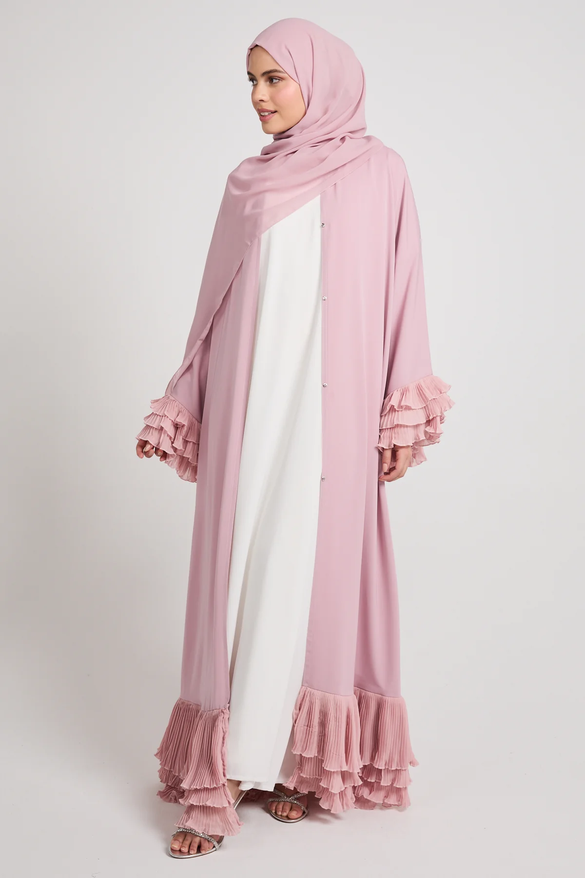 Premium Duchess Ruffle Open Abaya - Rose Blush - Image 7