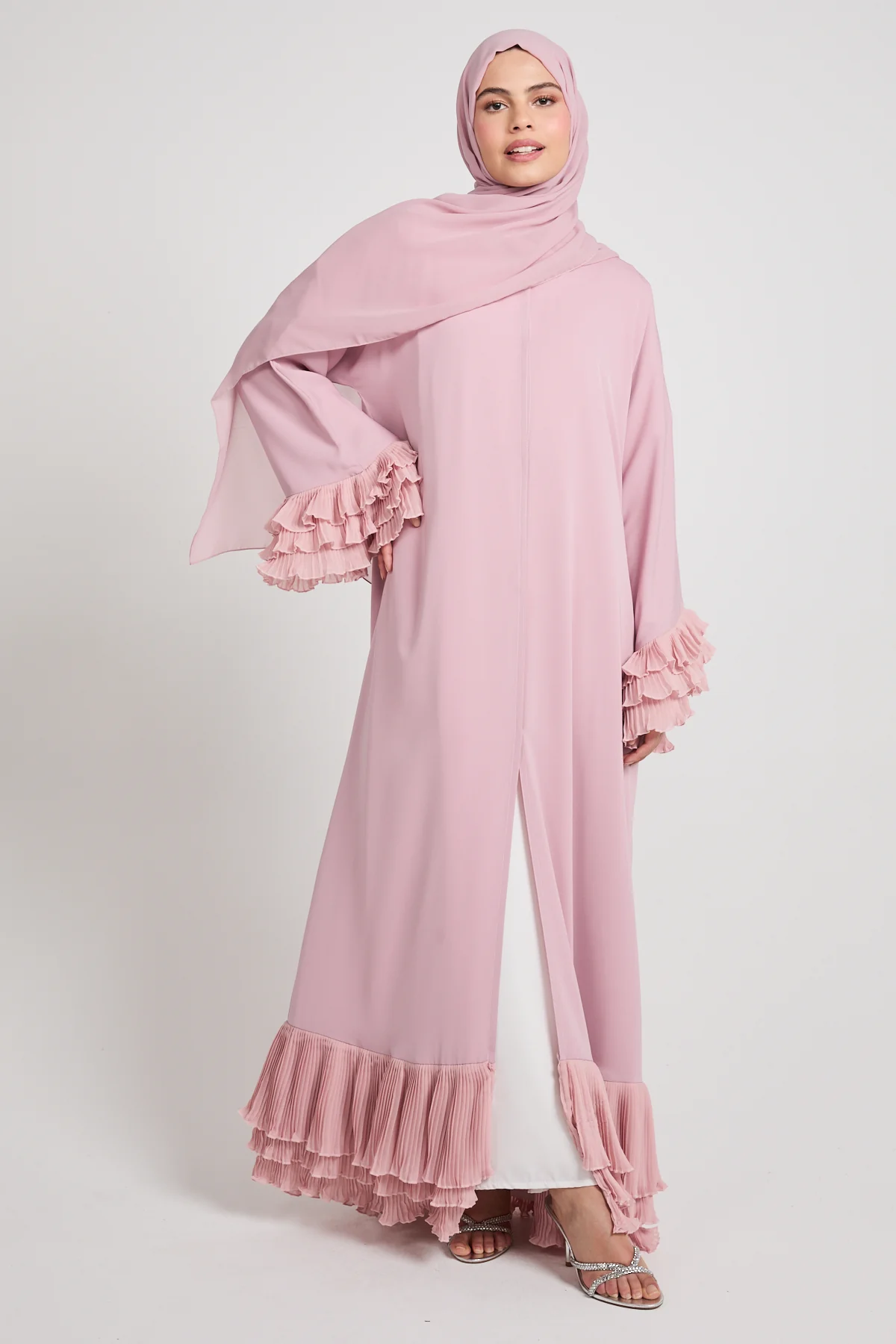 Premium Duchess Ruffle Open Abaya - Rose Blush - Image 8