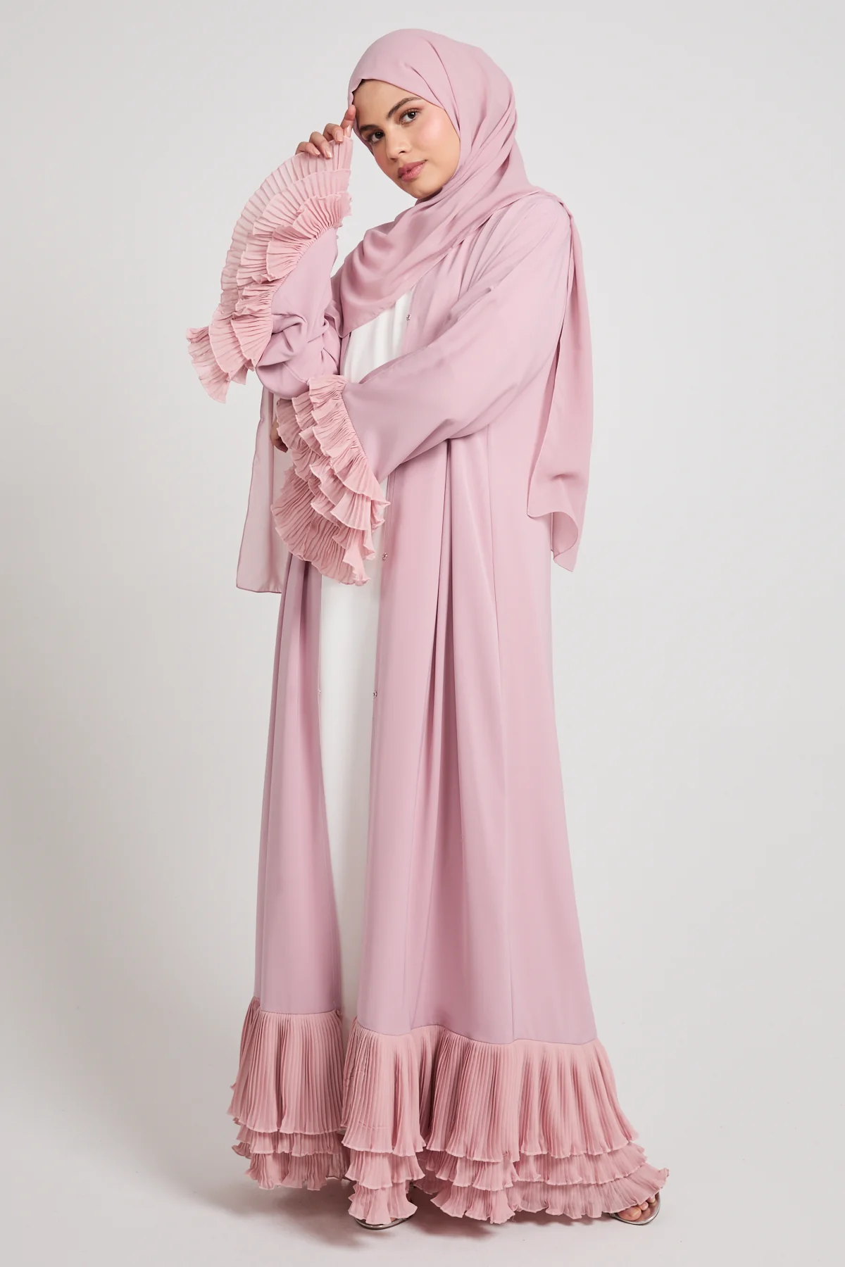 Premium Duchess Ruffle Open Abaya - Rose Blush - Image 9