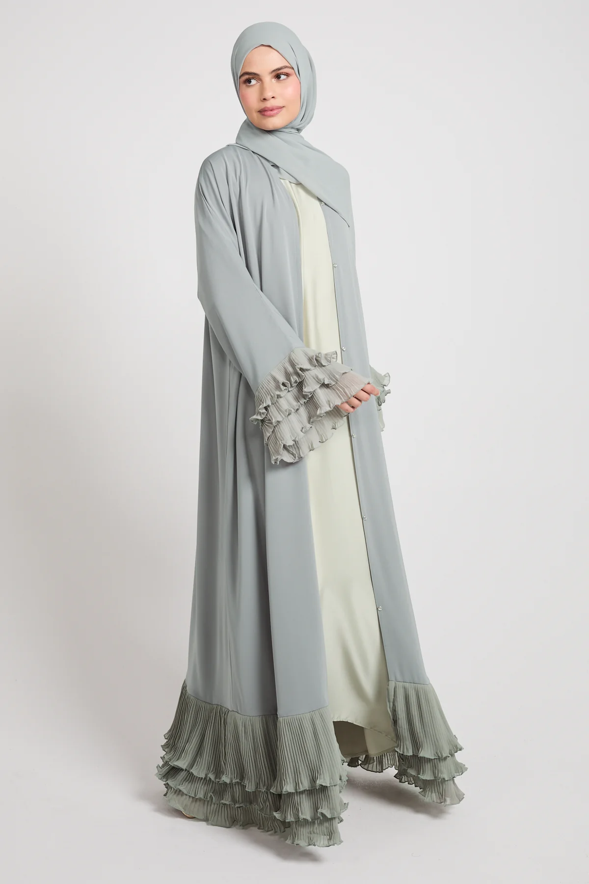 Premium Duchess Ruffle Open Abaya - Sage Grey - Image 4