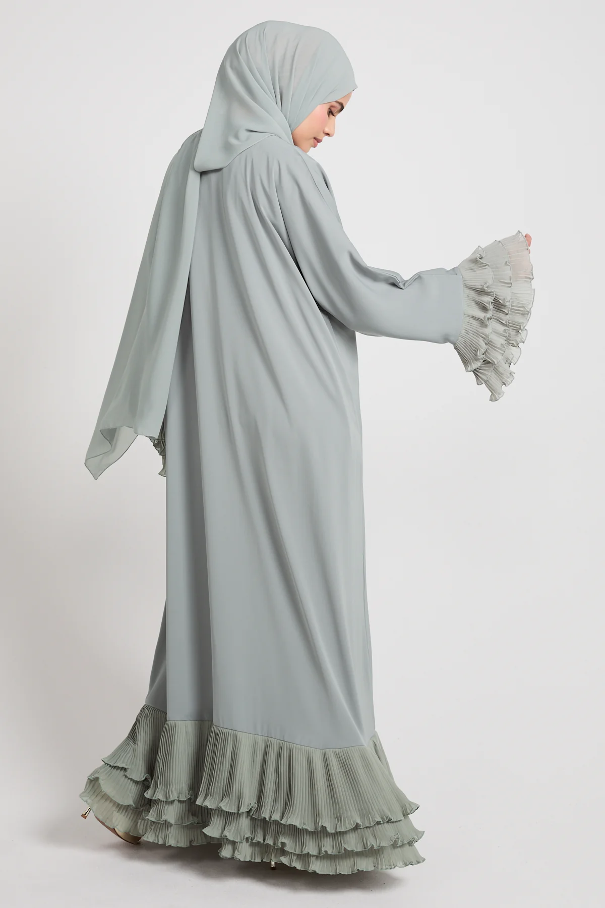 Premium Duchess Ruffle Open Abaya - Sage Grey - Image 7