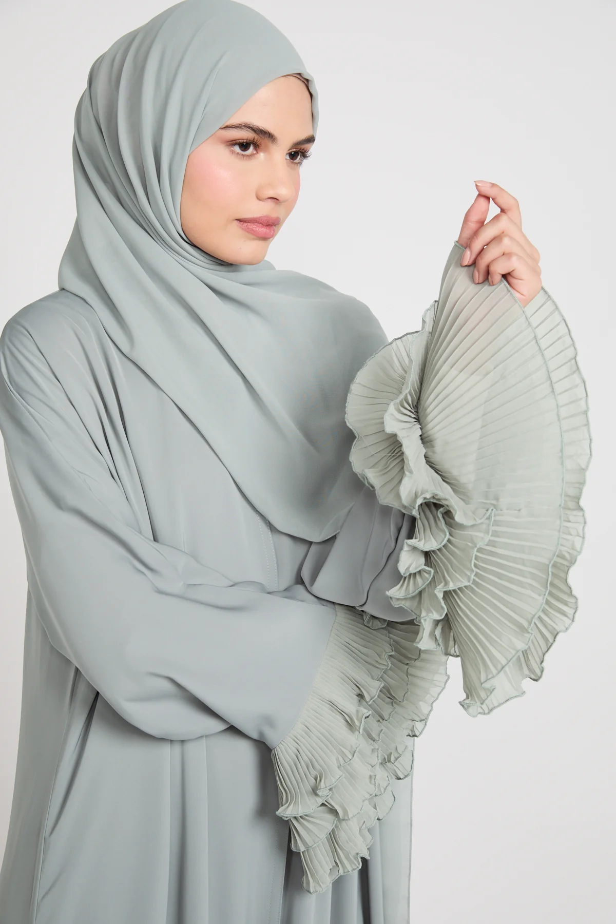 Premium Duchess Ruffle Open Abaya - Sage Grey - Image 8