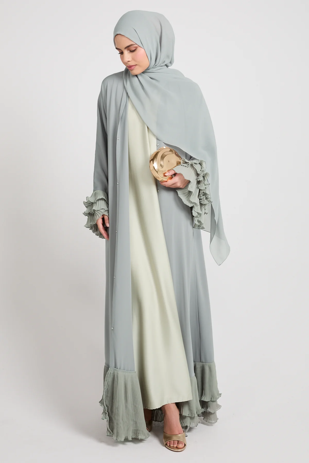 Premium Duchess Ruffle Open Abaya - Sage Grey - Image 9