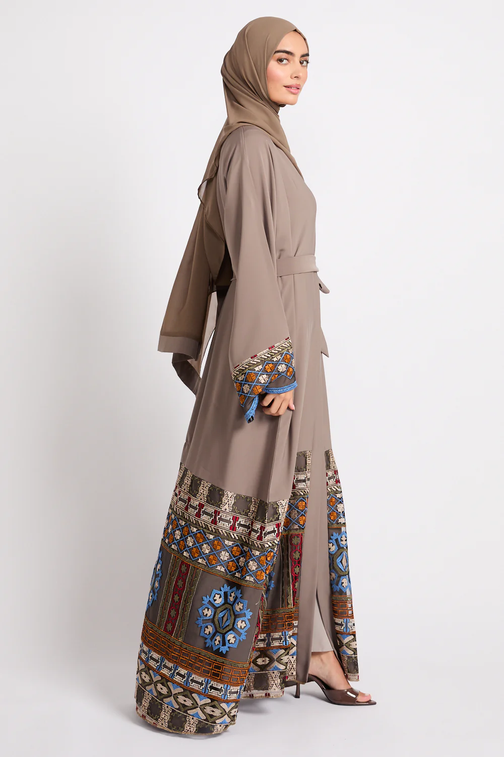 Premium Echoes of Persia Embroidered Border Open Abaya – Desert Taupe - LIMITED EDITION