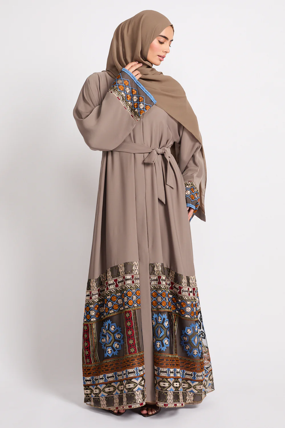 Premium Echoes of Persia Embroidered Border Open Abaya – Desert Taupe - LIMITED EDITION - Image 10