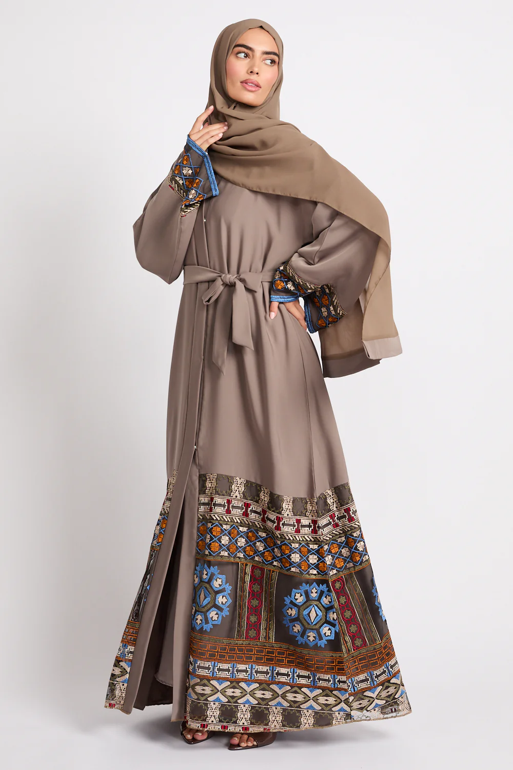 Premium Echoes of Persia Embroidered Border Open Abaya – Desert Taupe - LIMITED EDITION - Image 8