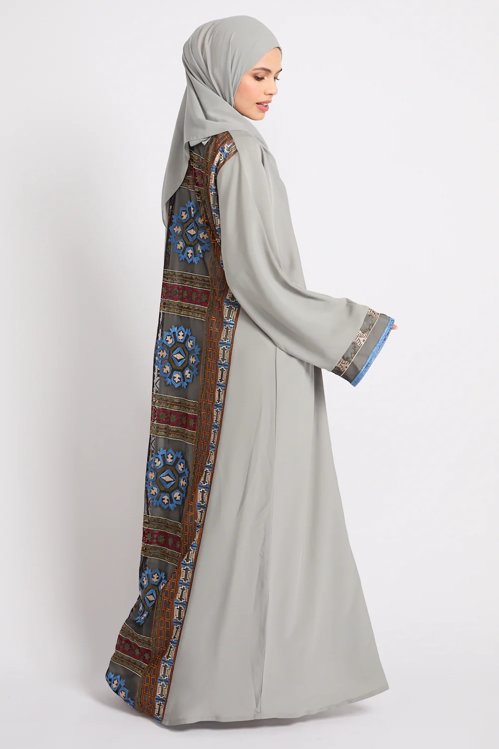 Premium Echoes of Persia Embroidered Panel Open Abaya – Soft Sage - LIMITED EDITION