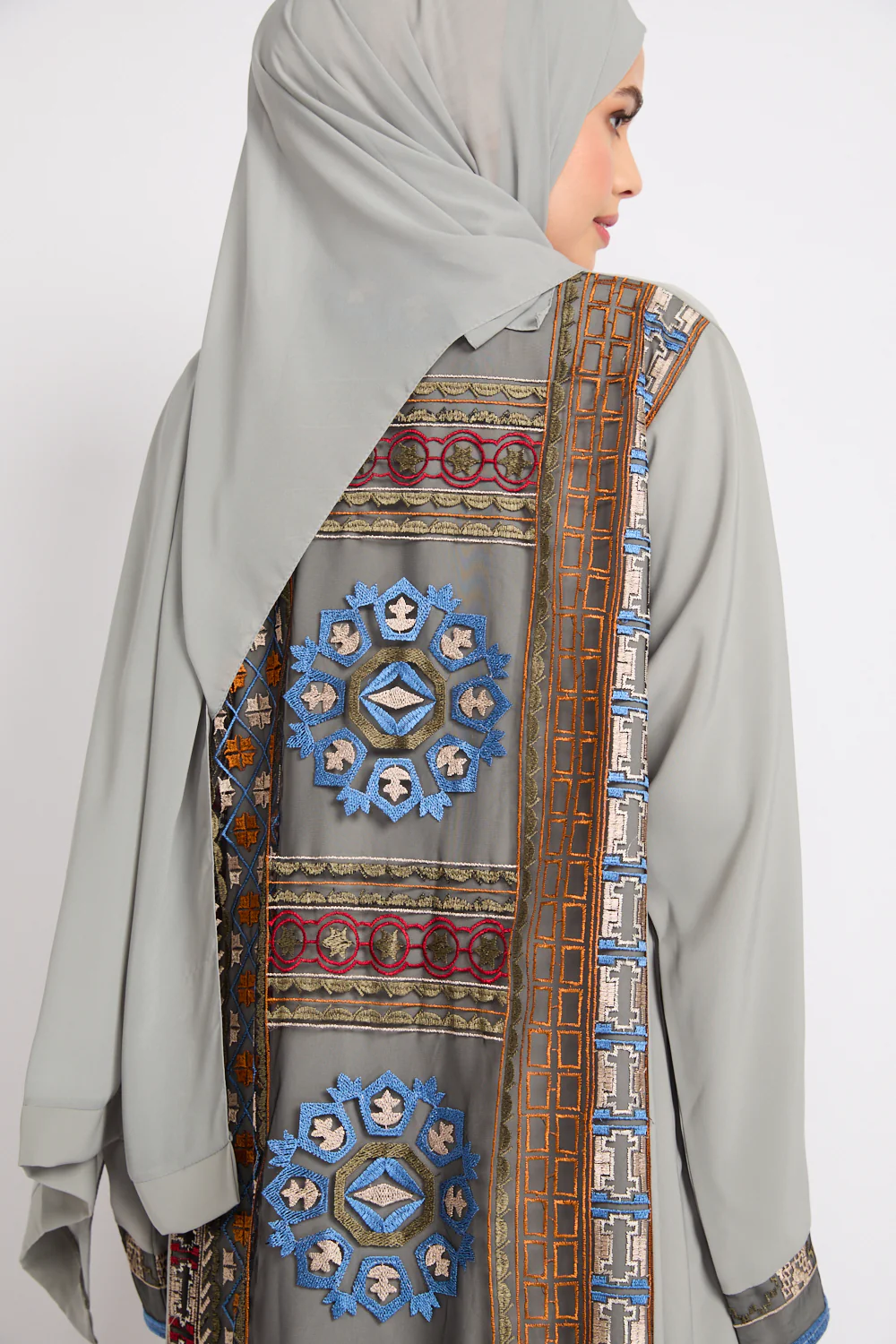 Premium Echoes of Persia Embroidered Panel Open Abaya – Soft Sage - LIMITED EDITION - Image 2