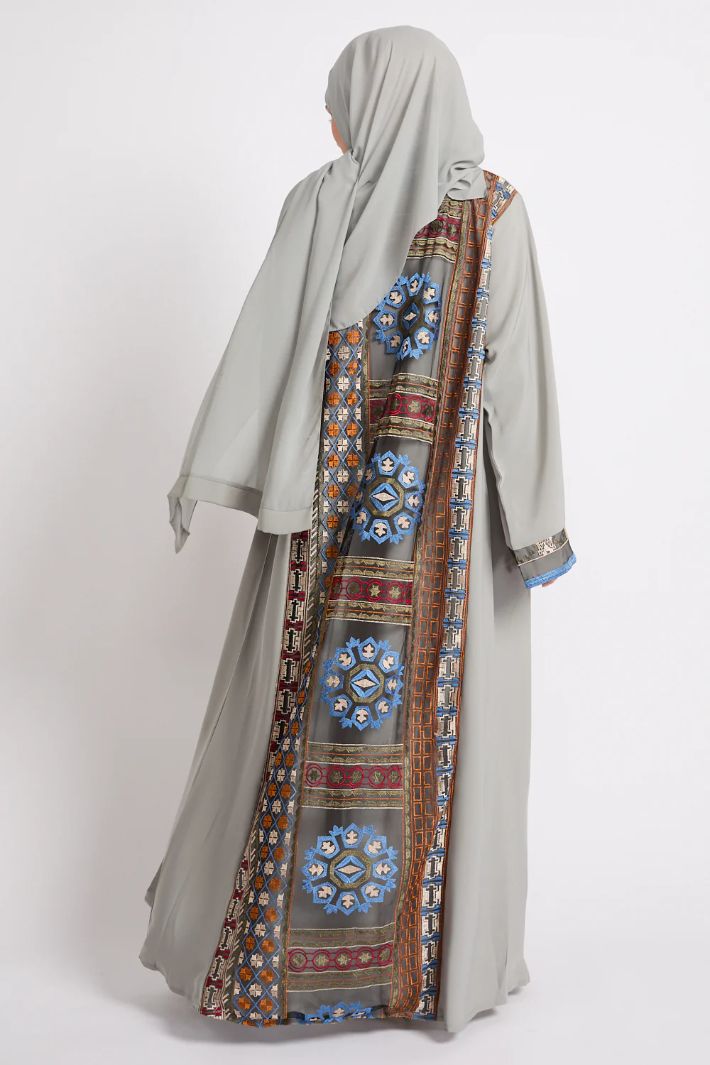 Premium Echoes of Persia Embroidered Panel Open Abaya – Soft Sage - LIMITED EDITION - Image 6