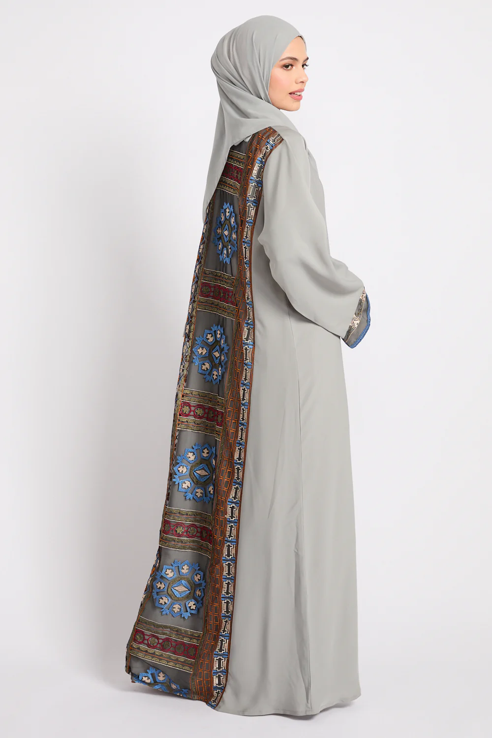 Premium Echoes of Persia Embroidered Panel Open Abaya – Soft Sage - LIMITED EDITION - Image 8