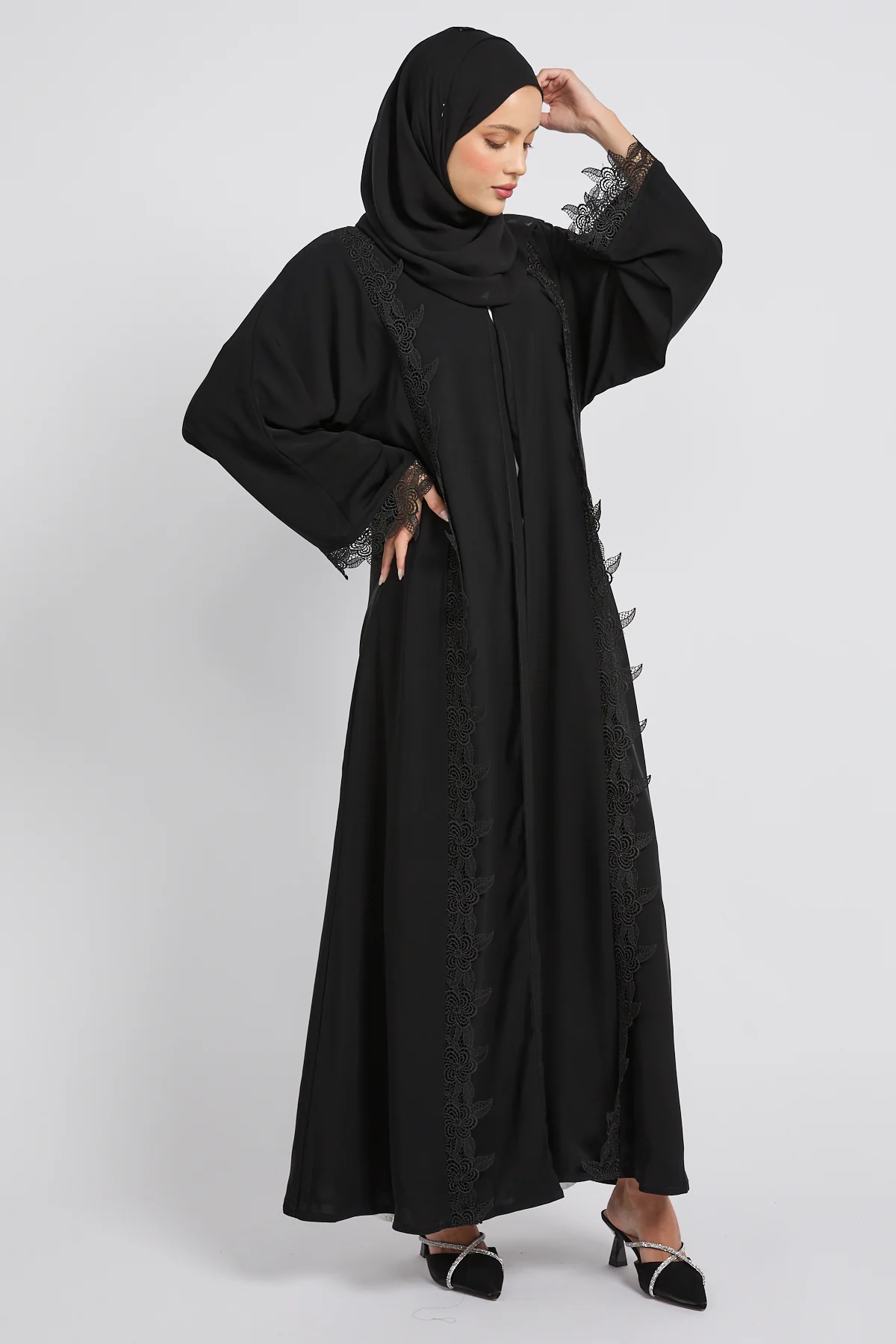 Premium Elara Lace Open Abaya - Black - Image 3