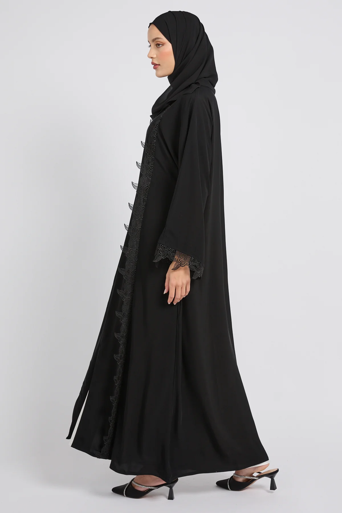 Premium Elara Lace Open Abaya - Black - Image 4
