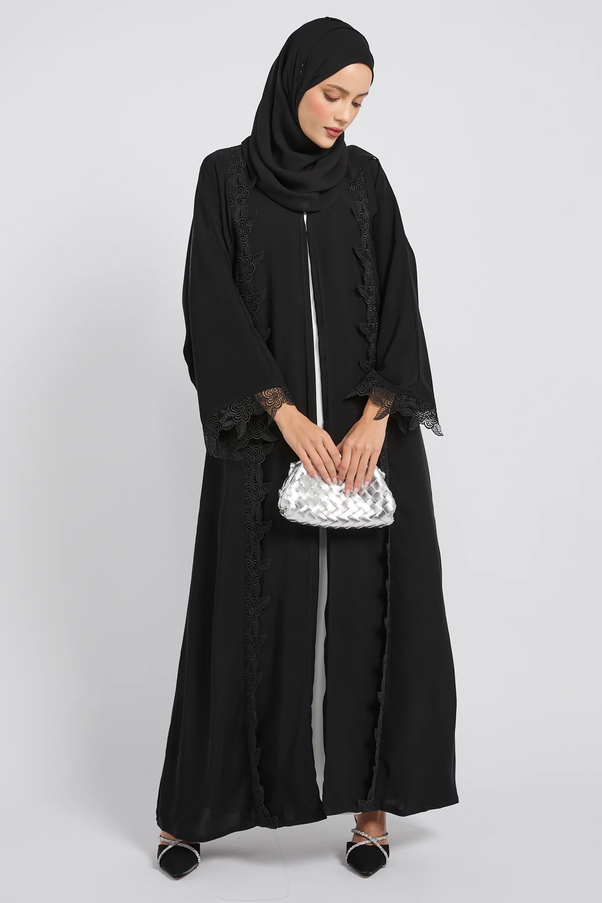 Premium Elara Lace Open Abaya - Black - Image 5
